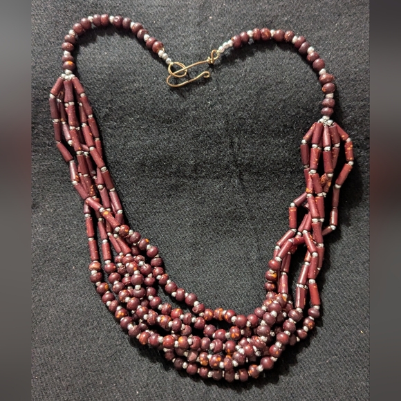 Silver Tone Burgundy Beaded Layered Statement Necklace - Picture 1 of 5